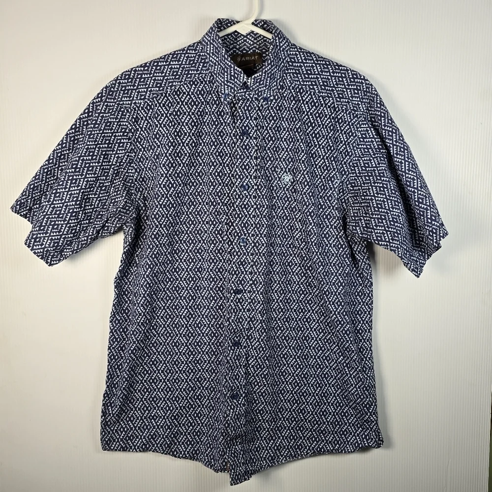 Ariat Men's Short Sleeve Navy & Light Blue Geometric Button Up Shirt Collar Med